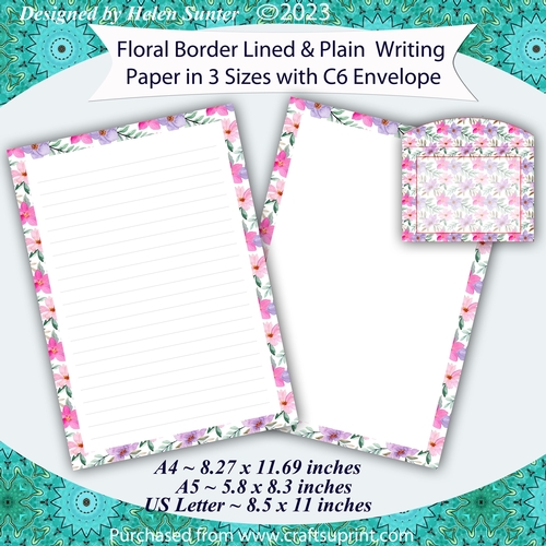 Floral Border Stationery, Lined & Plain Writing Paper, A4 A5 US Letter Size, Note Paper & Envelope