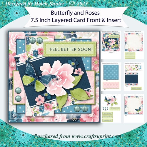 Butterfly and Roses 7.5 Inch Layered Card Front with Insert and Sentiments