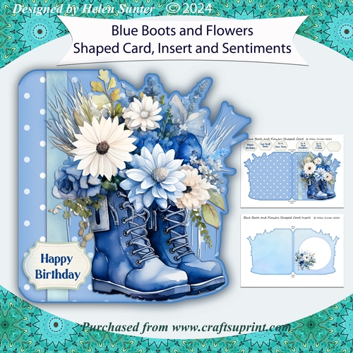 Blue Boots and Flowers Shaped Card with Insert and Sentiments