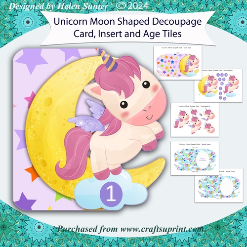 Unicorn Moon Shaped Childrens Decoupage Birthday Card with Inserts and Ages Tiles 0-9