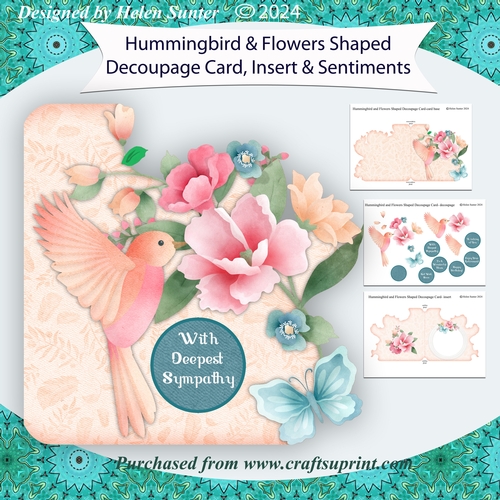 Hummingbird and Flowers Shaped Decoupage Card with Insert and Sentiments