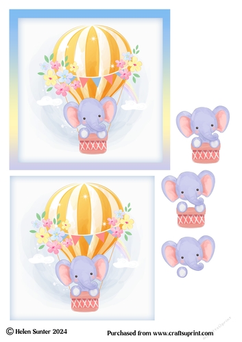 Baby Elephant in Hot Air Balloon 5.5 Inch Card Topper and Decoupage
