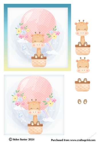 Baby Giraffe in Hot Air Balloon 5.5 Inch Card Topper and Decoupage