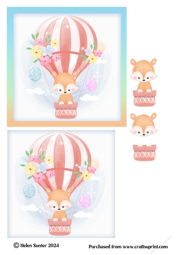 Baby Fox in Hot Air Balloon 5.5 Inch Card Topper and Decoupage