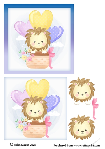Baby Lion in Hot Air Balloon 5.5 Inch Card Topper and Decoupage