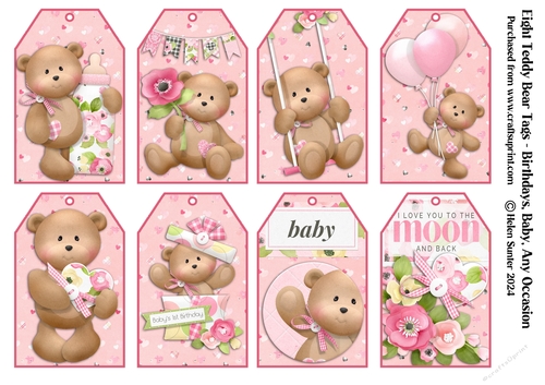 Eight Teddy Bear Gift Tags - Birthdays, Baby, Any occasion - Pink