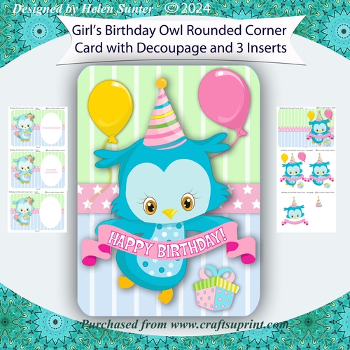 Girls 3D Decoupage Birthday Owl Card with Inserts