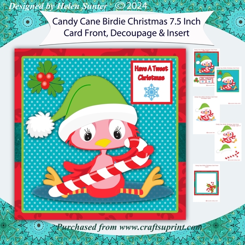 Candy Cane Birdie Decoupage Christmas 7.5 Inch Card Front with Decoupage and Insert