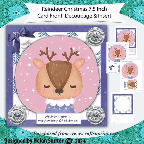 Cute Reindeer 7.5 Inch Christmas Card Front with Decoupage and Insert  1
