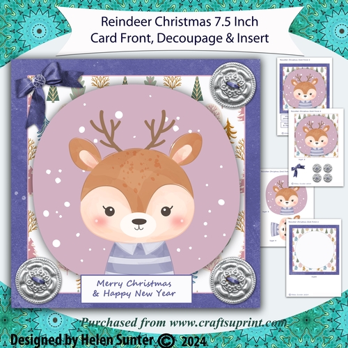 Cute Reindeer 7.5 Inch Christmas Card Front with Decoupage and Insert  2