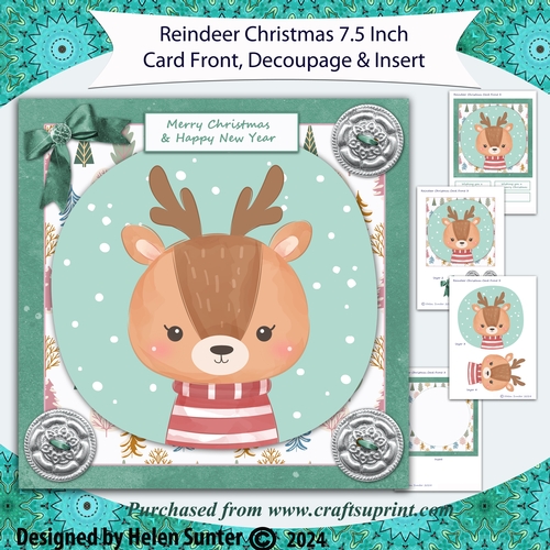 Cute Reindeer 7.5 Inch Christmas Card Front with Decoupage and Insert  3