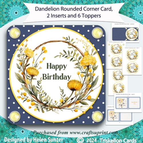 Dandelions Rounded Corner Card with 2 Inserts and 6 Toppers