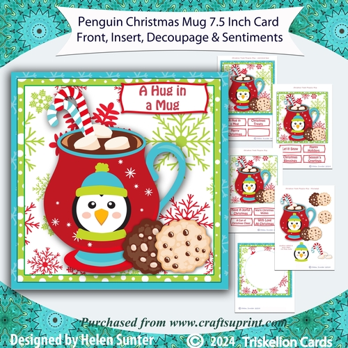 Penguin Christmas Treats Mug 3D Decoupage Card Front with Insert and Sentiments