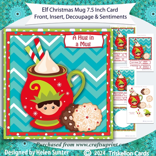 Elf Christmas Treats Mug 3D Decoupage Card Front with Insert and Sentiments