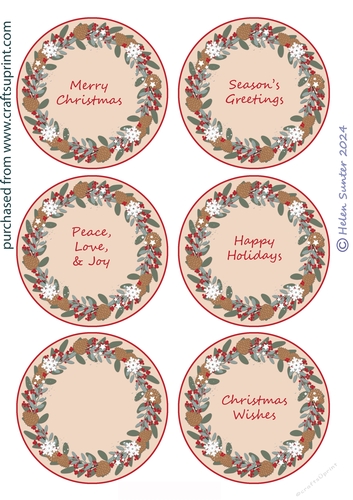 Fir Cone Wreath Circular Christmas Gift Tags or Card Toppers