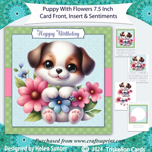 Cute Puppy Dog with Flowers 7.5 Inch Card Front and Insert