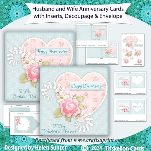 Husband and Wife Anniversary 3D Decoupage Cards with Inserts and Envelope