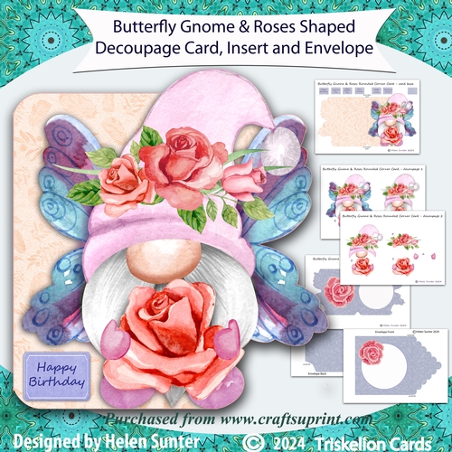 Butterfly Gnome and Roses Shaped Decoupage Card with Insert and Envelope