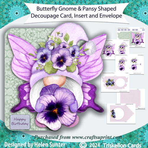 Butterfly Gnome and Pansy Shaped Decoupage Card with Insert and Envelope