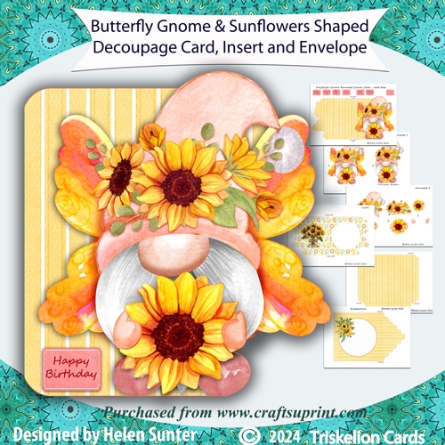 Butterfly Gnome and Sunflowers Shaped Decoupage Card with Insert and Envelope