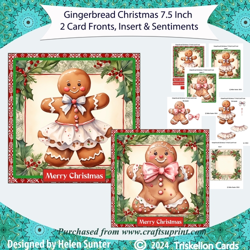 2 x Gingerbread Christmas 7.5 Inch Card Fronts with Decoupage and Insert