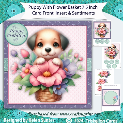 Puppy Dog with Flower Basket 7.5 Inch Card Front with Decoupage and Insert