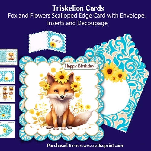 Fox and Flowers Scalloped Edge Card with Insert, Envelope and Decoupage