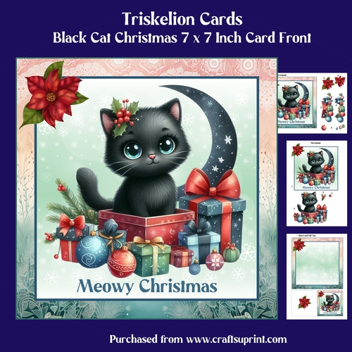 Black Cat Christmas 7 x 7 Inch Card Front with Decoupage and Insert and Gift Tag