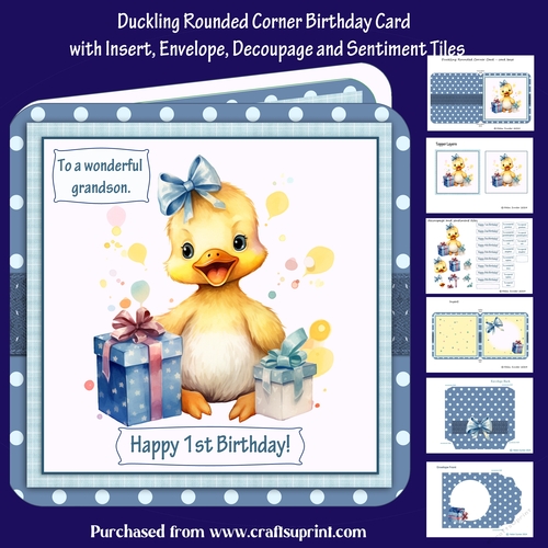 Duckling Rounded Corner Birthday Card with Insert, Envelope, Decoupage and Sentiment Tiles