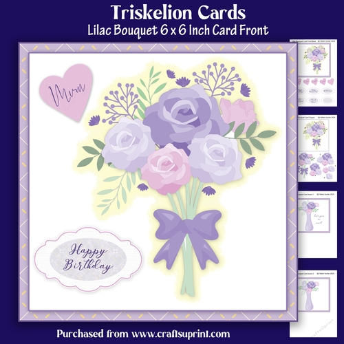 Lilac Bouquet 6 x 6 Inch Card Front with Sentiments, Decoupage and Inserts