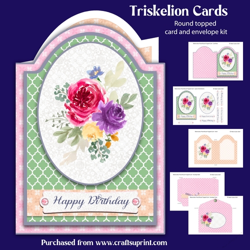 Watercolour Floral Round Topped Card with Inserts and Envelope