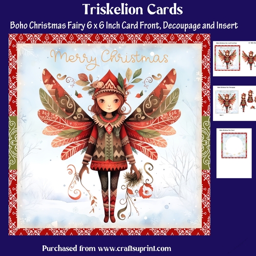 Boho Christmas Fairy 6 x 6 Inch Card Front with Decoupage and Insert