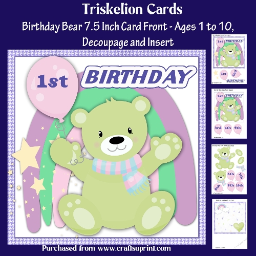 Birthday Bear 7.5 Inch Card Front for Ages 1-10 with Decoupage and Insert