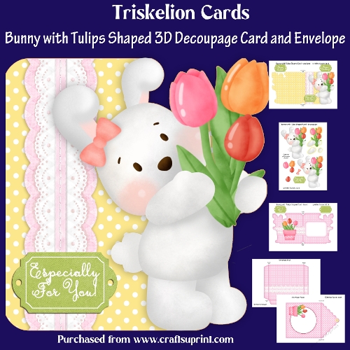 Bunny with Tulips 3D Decoupage Shaped Card and Envelope