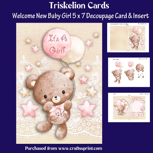Welcome New Baby Girl 5 x 7 Inch Decoupage Card and Insert
