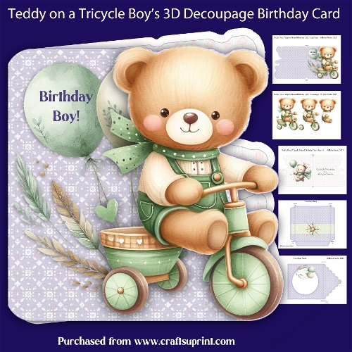 Teddy on a Tricycle Shaped Birthday Card with Decoupage and Envelope