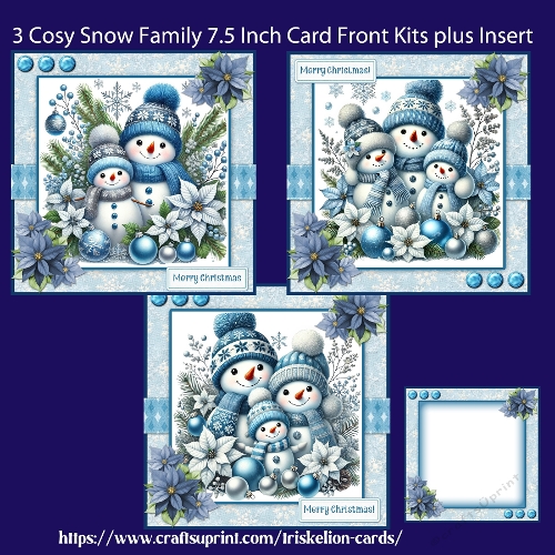 Set of 3 Cosy Snow Family 7.5 Inch 3D Decouage Card Fronts with Insert