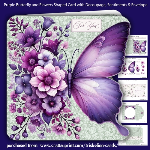 Purple Butterfly and Flowers Shaped Card with Envelope