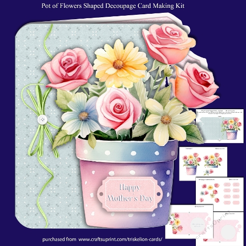Pot of Flowers Shaped Decoupage Card with Extra Sentiments