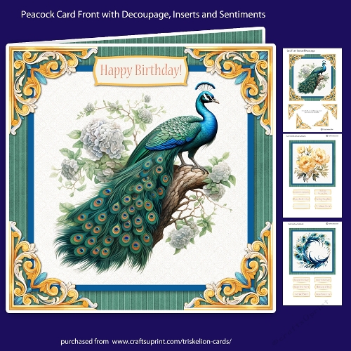 Peacock 6.5 Inch Square Card Front with Inserts, Decoupage and Sentiments