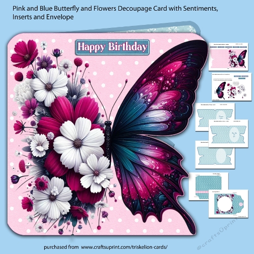 Pink and Blue Butterfly and Flowers Shaped Decoupage Card