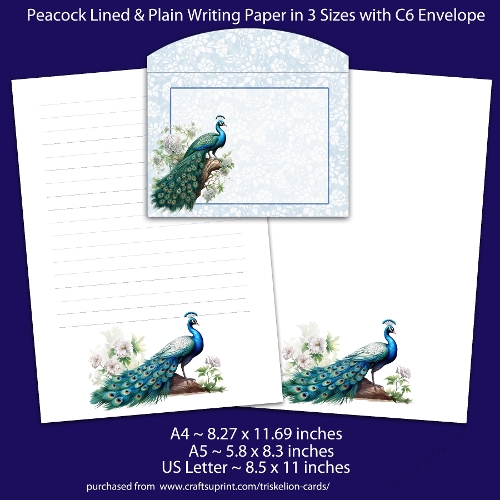 Peacock Stationery, Lined & Unlined Writing Paper, A4 A5 US Letter Size, Note Paper