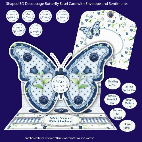 Shaped Butterfly 3D Decoupage Easel Card with Envelope and Sentiments