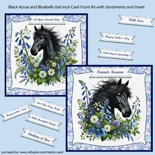 Black Horses and Bluebells 6 Inch Card Front Kit with Insert and Sentiments
