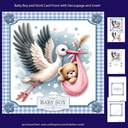 New Baby Boy and Stork Card Front with Decoupage and Insert