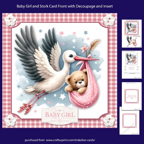 New Baby Girl and Stork Card Front with Decoupage and Insert
