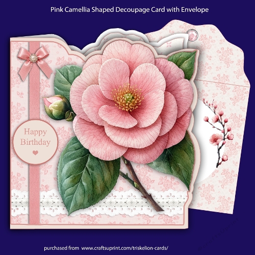 Pink Camellia Shaped Decoupage Card with Envelope and Various Sentiments