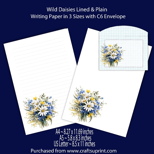 Wild Daisies Writing Paper and Envelope Set - Plain and Lined Stationery A4, US Letter and A5 Sizes
