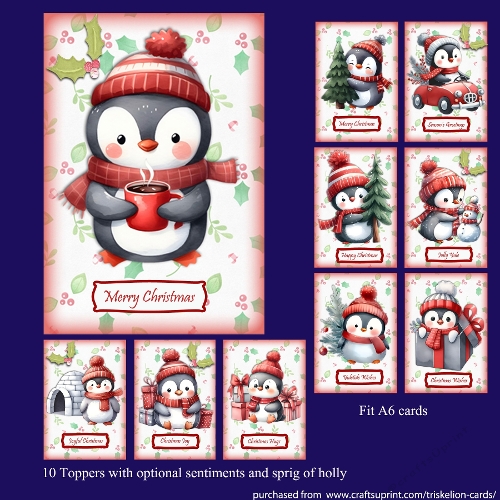 10  Christmas Penguin Toppers for A6 Cards with Sentiments 