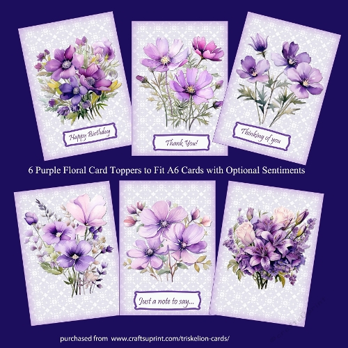6 Purple Floral Card Toppers To Fit A6 Cards with Sentiments